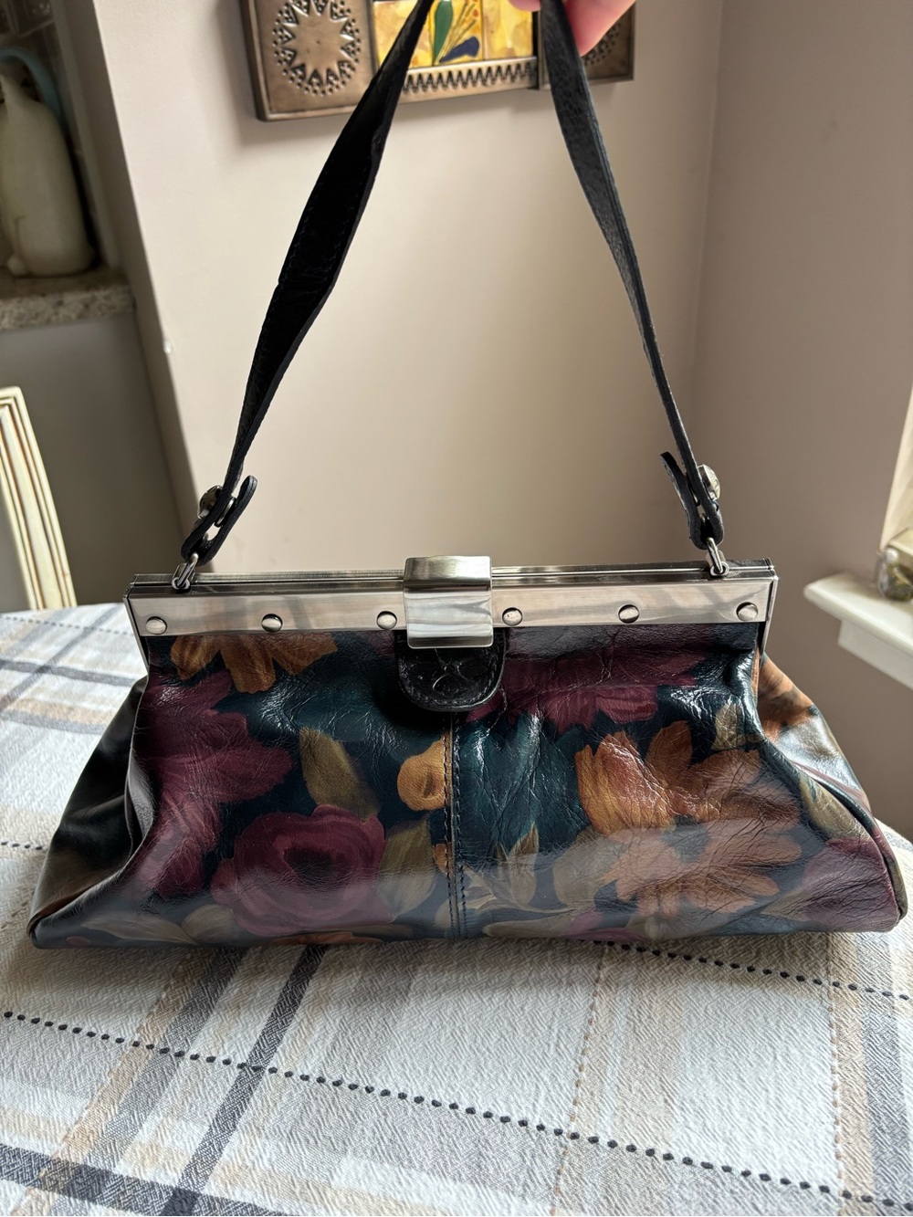 Patricia Nash Ferrara satchel purse. Dark multicolored floral leather print